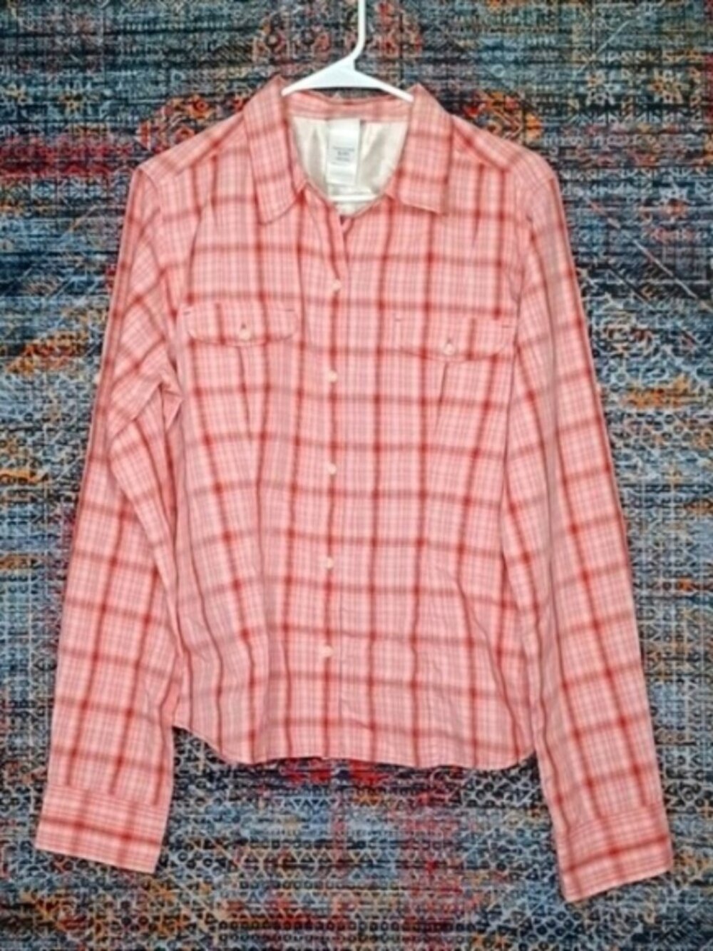 The North Face womens red an white plaid roll up hiking button top XL EUC
